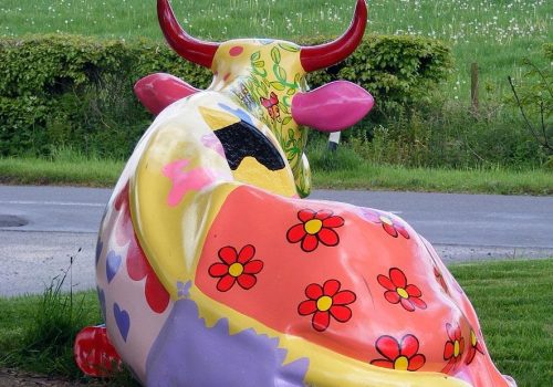 cow, colours, statue, grass, pose, nature, green cow