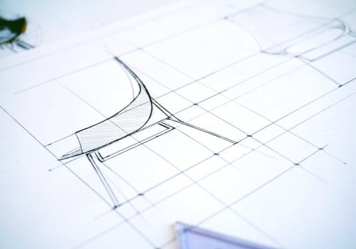 Detailed sketch of a modern chair design showcasing precise lines and geometric shapes.